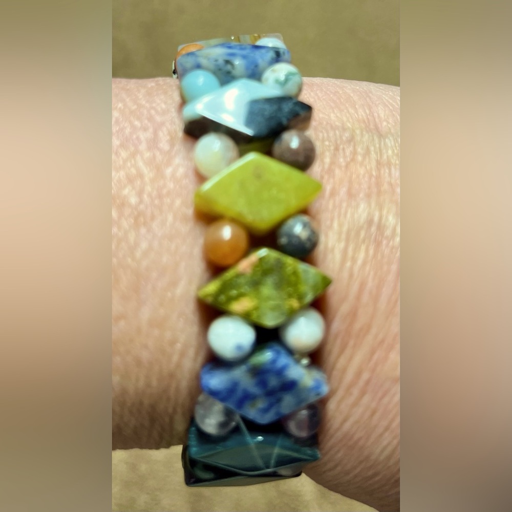 Semi-precious stone bracelet elastic Bohemian 
 multi colored‎ statement piece